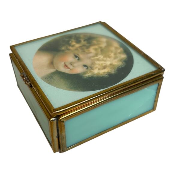 Vintage Via Vermont Sunbeam Print Light Blue Opalescent Glass Small Brass Box - Picture 3 of 11